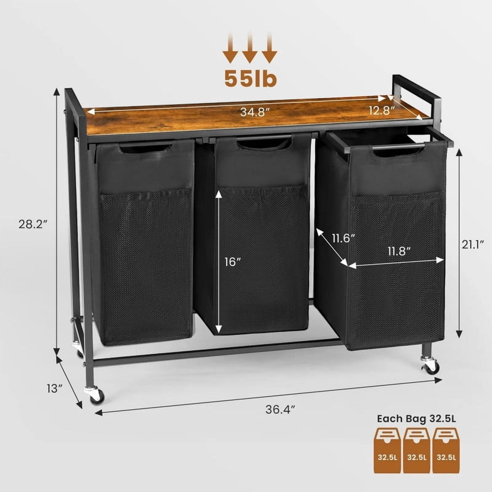 Kelno Laundry Sorter Rolling Laundry Basket with 3 Removable Bags Lockable Wheels Top Shelf, Black