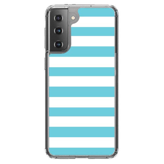 DistinctInk Clear Shockproof Hybrid Case for Galaxy S21  PLUS 5G (6.7" Screen) - TPU Bumper, Acrylic Back, Tempered Glass Screen Protector - Blue & White Bold Horizontal Stripes