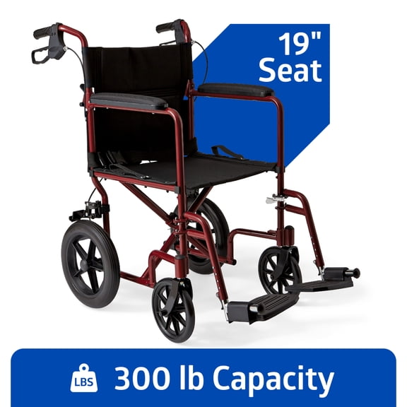 Medline Transport Wheelchair with Permanent Full-Length Arms and Handbrake, Lightweight, Swing-Away Footrests, 300 lb Weight Capacity, Red