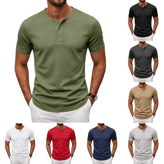 T-Shirts Men Trendy Casual Short Sleeve Henley Tshirts Summer Lightweight Classic Basic Workout Work Solid Color T Shirt Army Green XL