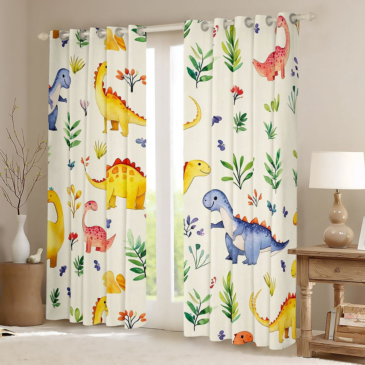 Homewish Ancient Dinosaur Curtains Pack of 2 (42x84 Each),Cartoon Dino Curtains Blackout,Beige Green Bedroom Curtains For Boys Teens,Breathable Home Decor
