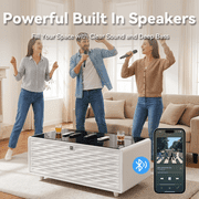LIVTAB Smart Coffee Table, 23 D x 41.5 W x 18.2 H, Living Room Table with Built in Fridge and Speakers, Smart Table with 15W Wireless Charging, USB Chargers and 110V Outlets, White