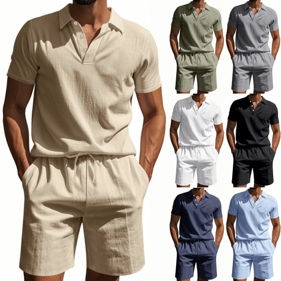 Men's 2-Piece Linen Summer Set, Casual Short Sleeve Shirt and Vacation Shorts, Breathable Beach Outfit For Tropical Holiday and Travel,Army Green,L