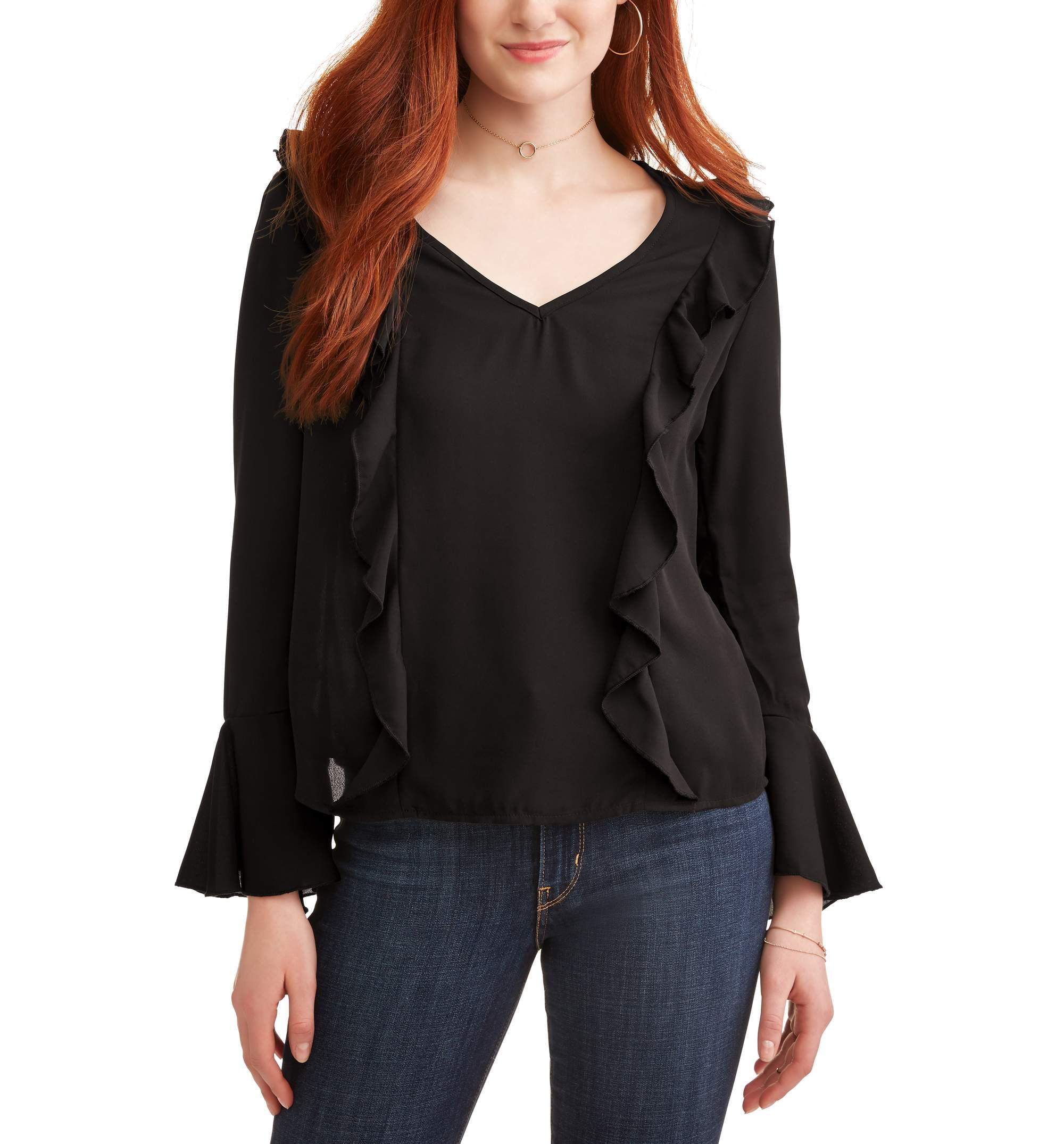 Miss Lili - Juniors' Ruffle Front Bell Sleeve Blouse - Walmart.com - Walmart.com