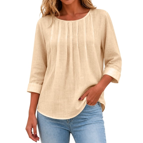 beishanbush Summer Sales Saving $10 Cute Work Outfits Clothes Women's Linen T-Shirt,3/4 Sleeve Crewneck Color Casual Under $15