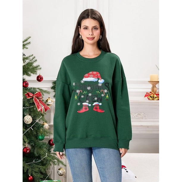 LisenraIn Sudadera De Navidad Para Mujer, De Gran Tamaño, Linda Sudadera De Lentejuelas De Papá Noel, Manga Larga, Cuello Redondo, Gráfico, Beige