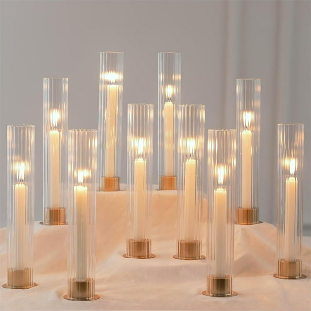 Hurricane Candle Holder for Centerpiece Set of Metal Taper Candle Holders with Ribbed Glass Cylinders Gold Candlestick Holders Bulk for Outdoor Party Dinner Wedding Table Decoration