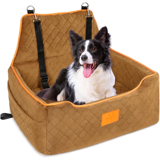 Dog Car Seat for Large/Medium Dog, Dog Booster Seat for Dogs Under 55Lbs or 2 Small Dogs, Detachable and Washable Travel Dog Seat with Thick Cushion and Storage Pockets (Brown)