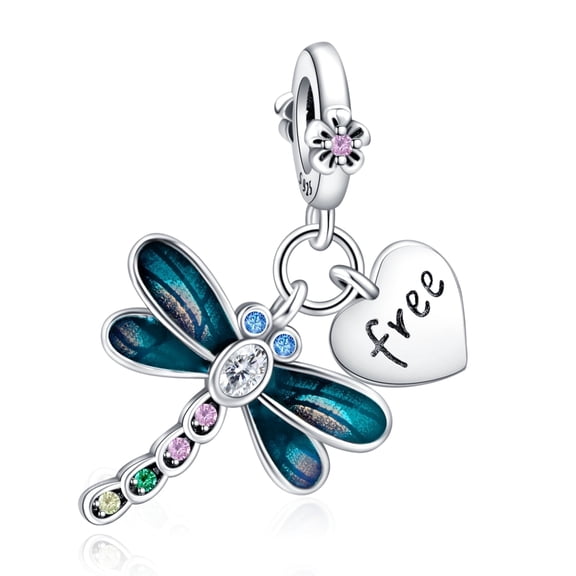 NINGAN 925 Sterling Silver Bracelet Charm Enamel Dragonfly Heart Dangle Charm