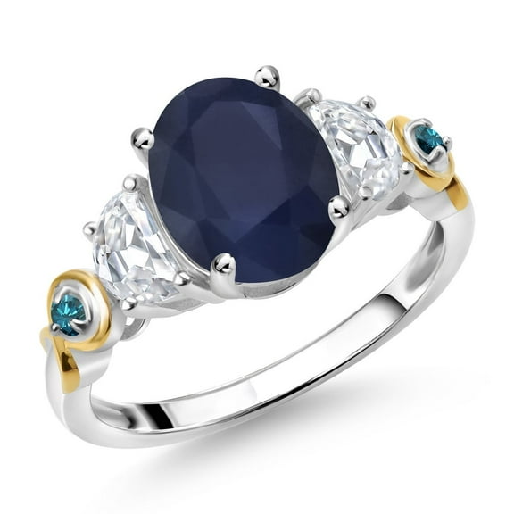 Gem Stone King 925 Silver and 10K Yellow Gold 3-Stone Ring Oval Blue Sapphire and Moissanite (2.71 Cttw, Size 7)