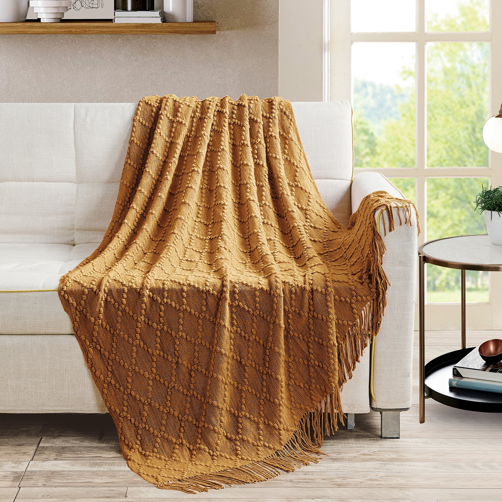 Bourina Throw Blanket Textured Solid Soft Throws and Blankets for Sofa or Bed Knitted Decorative Blanket 50 x70 inches Jacquard Rhombu Almond for Adults