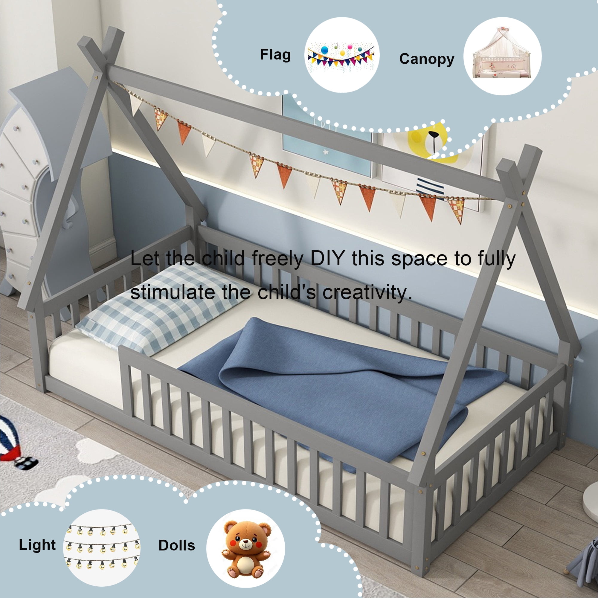 Twin Size House Floor Bed, Wood Montessori Bed Frame with Fence Guardrails, House Beds Frame No Box Spring Needed（Twin,Gray)