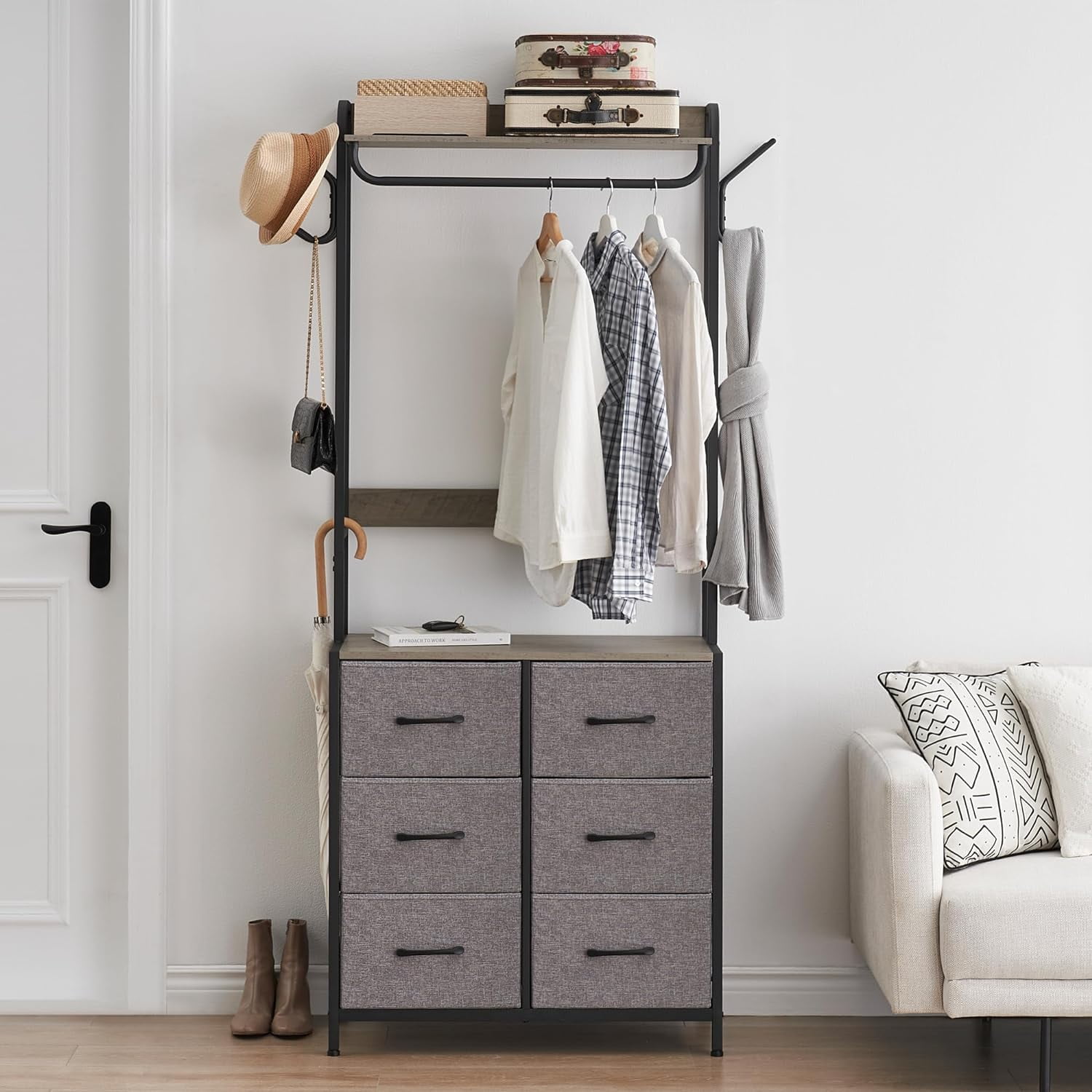 Jojoka 6-Drawers Dresser with Clothes Rack, 4 Hooks and Hanging Rods, Chest of Drawers Storage Organizer with Metal Frame, Wood Top & Fabric Drawer Jojoka 6-Drawers Dresser with Clothes Rack, 4 Hooks and Hanging Rods, Chest of Drawers Storage Organizer with Metal Frame, Wood Top & Fabric Drawer