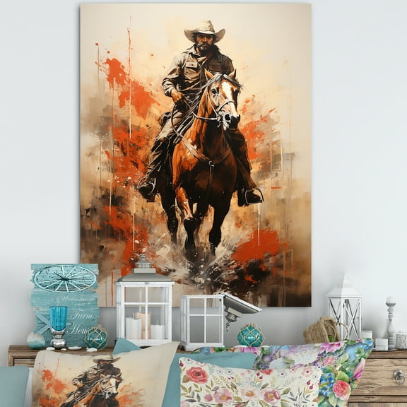 Designart "Rodeo Cowboy in Action" People Canvas Wall Art - Mid-Century Brown Western Bedroom Canvas Wall Art