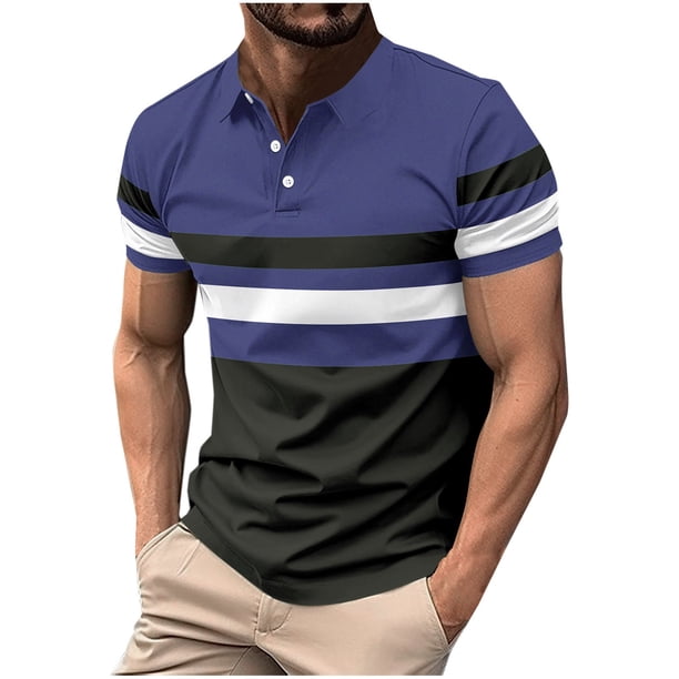 pstuiky Mangas cortas para hombre, Blusa informal de manga corta con cuello vuelto y botones con costuras a rayas para hombre camisas casuales para hombre xxxl