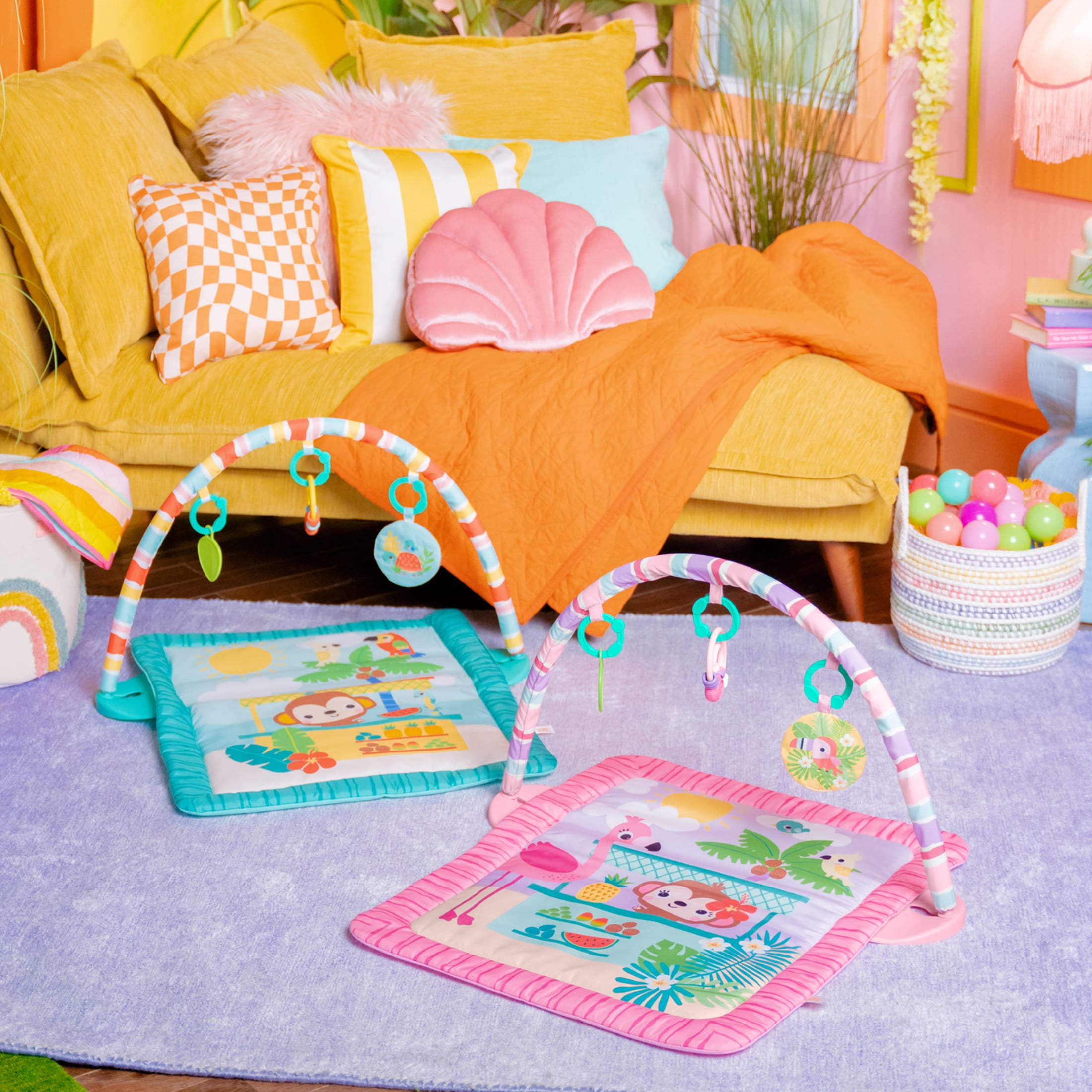 Bright Starts Pink Palms Tiki Toy Bar Baby Activity Gym & Tummy Time Mat with Toy Bar and 3 Toys, Newborn to 3 Years