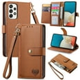thumbnail image 1 of Wallet Case for Samsung Galaxy A53 5G Women Men, Durable PU Leather Magnetic Flip Lanyard Strap Wristlet Zipper Card Holder Kickstand Wallet Phone Case Cover Full Body Protection, Brown, 1 of 10