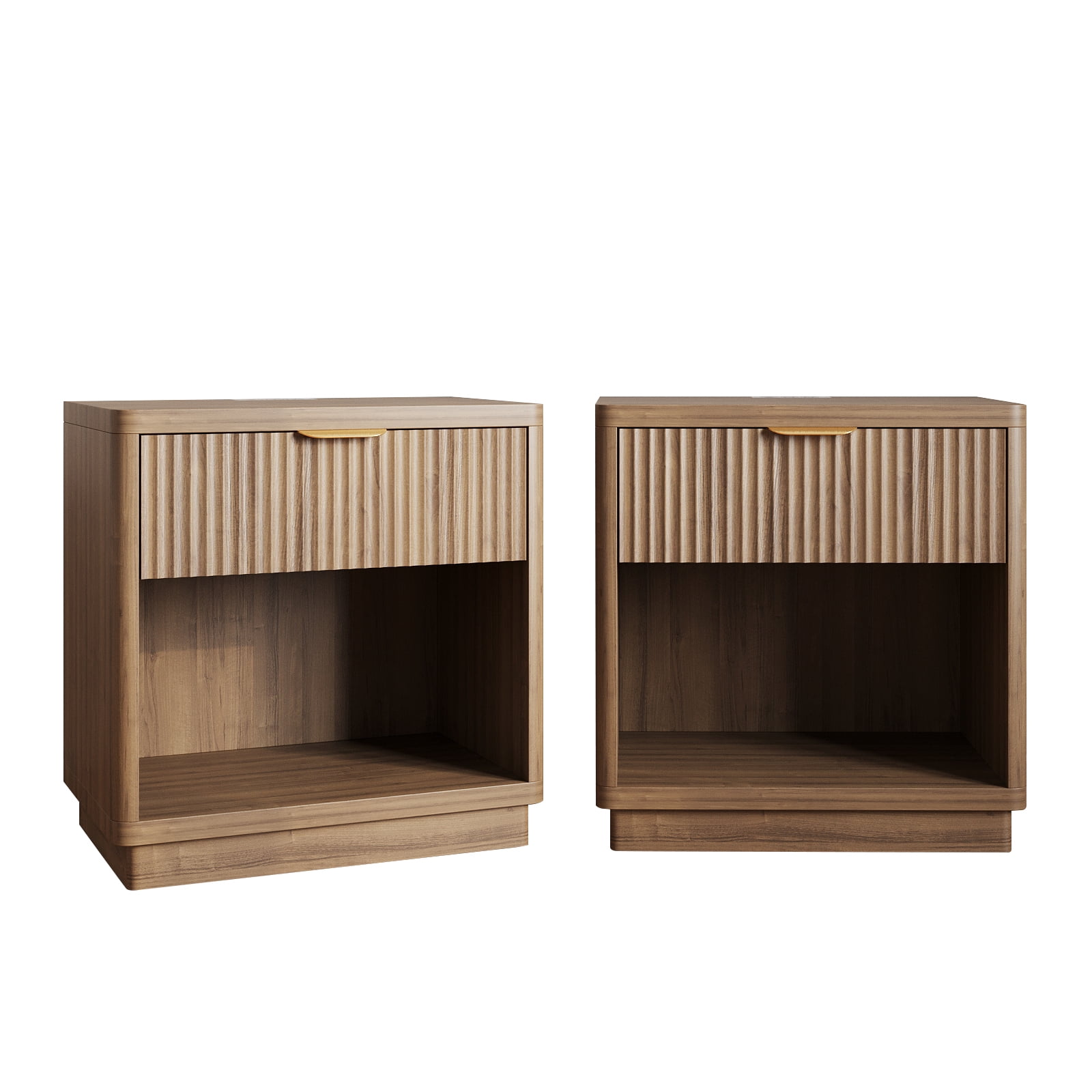 Pusnapku Night Stand Set of 2, 22" Wood Fluted Bedside Table with Charging Station, Drawer, Open Storage, Farmhouse End Table for Living Room, Bedroom