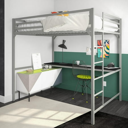 Elm & Oak Miles Metal Full Loft Bed With Desk  Silver