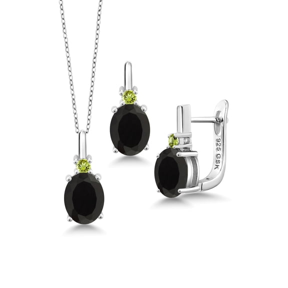 Gem Stone King 6.07 Ct Oval Black Onyx Green Peridot 925 Sterling Silver Pendant and Earrings Jewelry Set
