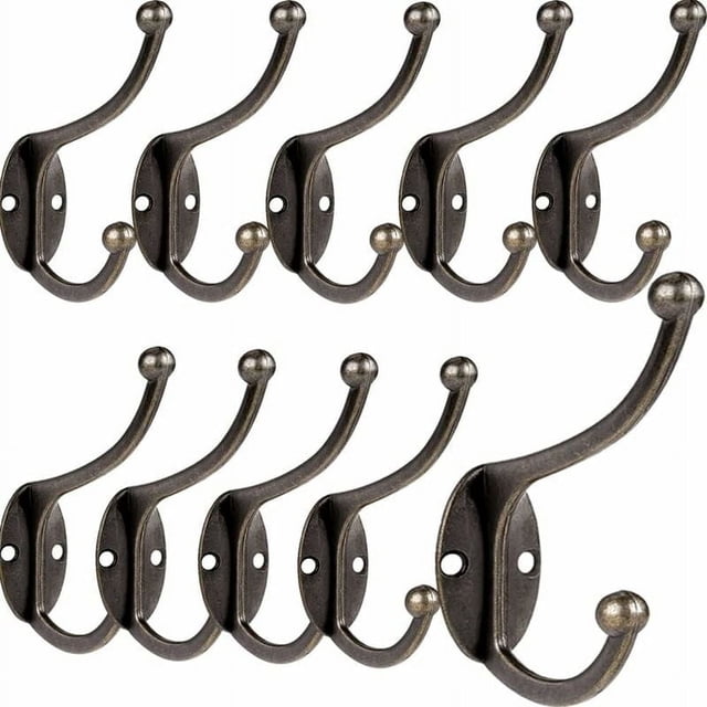 Ganchos de pared dobles, ganchos utilitarios retro con acabado de latón antiguo para una mayor durabilidad, perchero de pared resistente con doble punta para varias prendas pesadas, 10 piezas