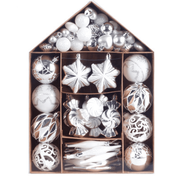 Adornos de Esferas para Árbol de Navidad, Bolas de Navidad Inastillables con Lazo para Colgar, Bolas de Delicada Pintura y Brillante para DecoraciónBlanco plateado73PCS
