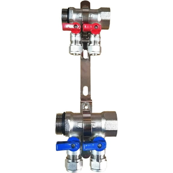 DMNI 3/4" Port Ball Valve Brass Pex Manifold - 2 Loops - With Brackets - for 1/2" Pex Tubing