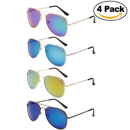 4 Pack Polarized Sunglasses Classic Aviator Flash Full Mirror Lenses Slim Frame Super Light Weight for Men Women with Comfortable Spring Hinge UV Protection