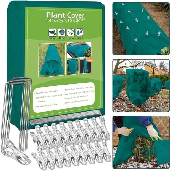 GuassLee Plant Covers Freeze Protection, 10ft x 30ft 1.41 oz/yd² Frost Cloth Plant Blankets Floating Row Covers with 20 Stainless Steel Clips for Winter Plants Gardens Frost/Sun Pests Protection