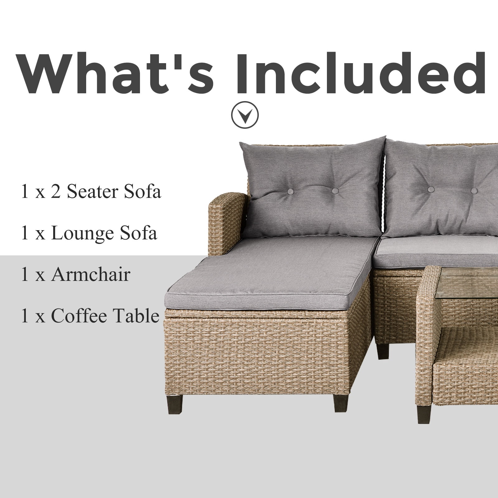 Rattan Patio Sofa Set, 4 Pieces Outdoor Sectional Furniture, All-Weather PE Rattan Wicker Patio Conversation, Cushioned Sofa Set with Glass Table for Patio Garden Poolside Deck