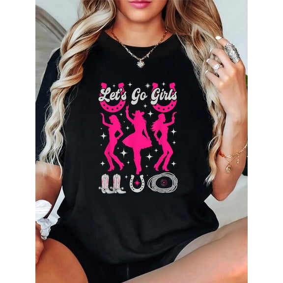 100% Cotton Western Cowgirl Rodeo Theme Let's Go Girls Country Ranch T-Shirt Print Round Neck Cotton T-Shirt, Summer Women's Tops, gift