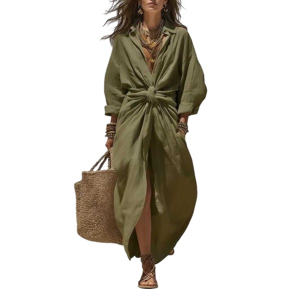 Quixlent Maxi Shirt Dress for Women, V Neck Long Sleeve Ruffled Tie Waist Boho Long Dress, High Slit A-line Loose Flowy Dress with Pockets