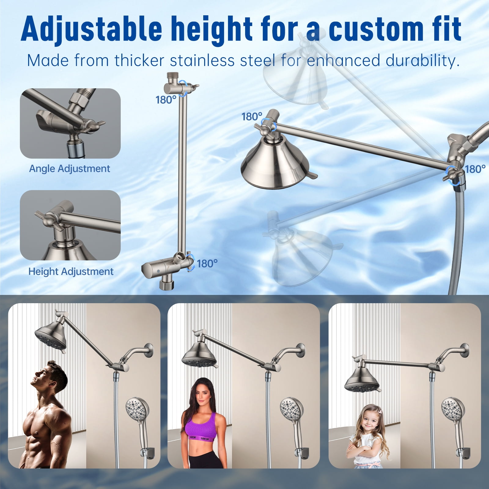 Joyrain Multi-angle adjustable showerhead& Handheld High-pressure 8 Spray Modes Shower Head, Rain Shower Combination with Straight Adjustable Extension Arm
