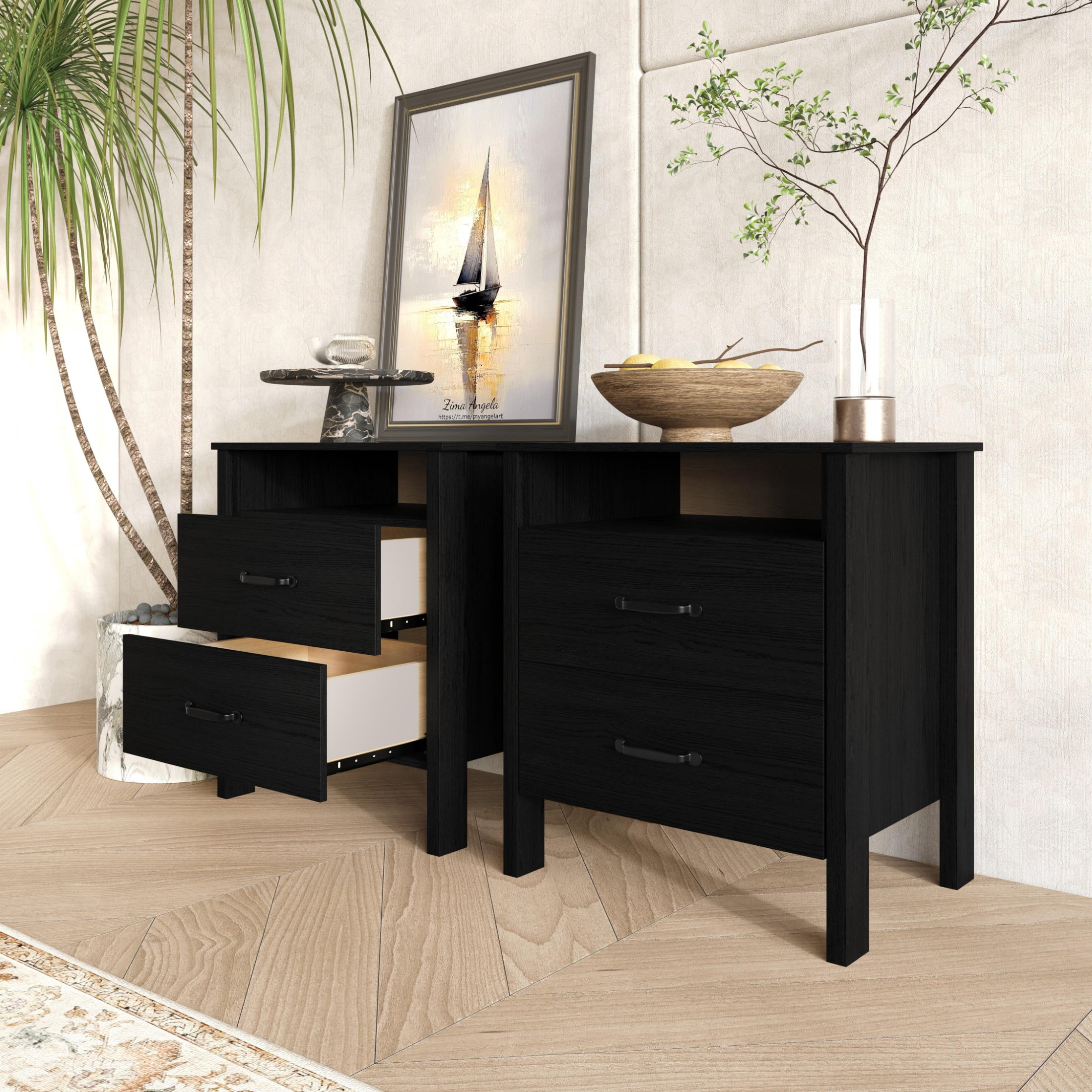 Home Design Alamosa Nightstand with Two Drawers and Open Shelf, Space-Saving Design, Black (Set of 2)