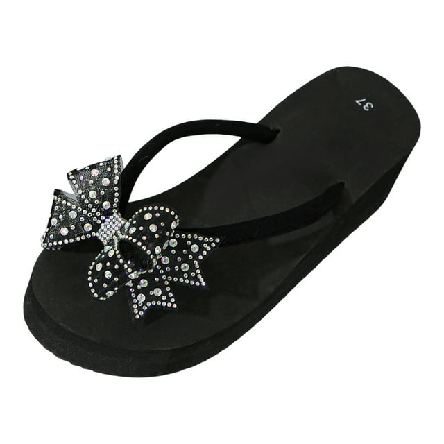 Bmisegm Women Sandals Fashionable Bow Decoration Cute New Pattern Flip Flop Wedge Summer Casual Slippers Sandals Women Summer Black 8.5