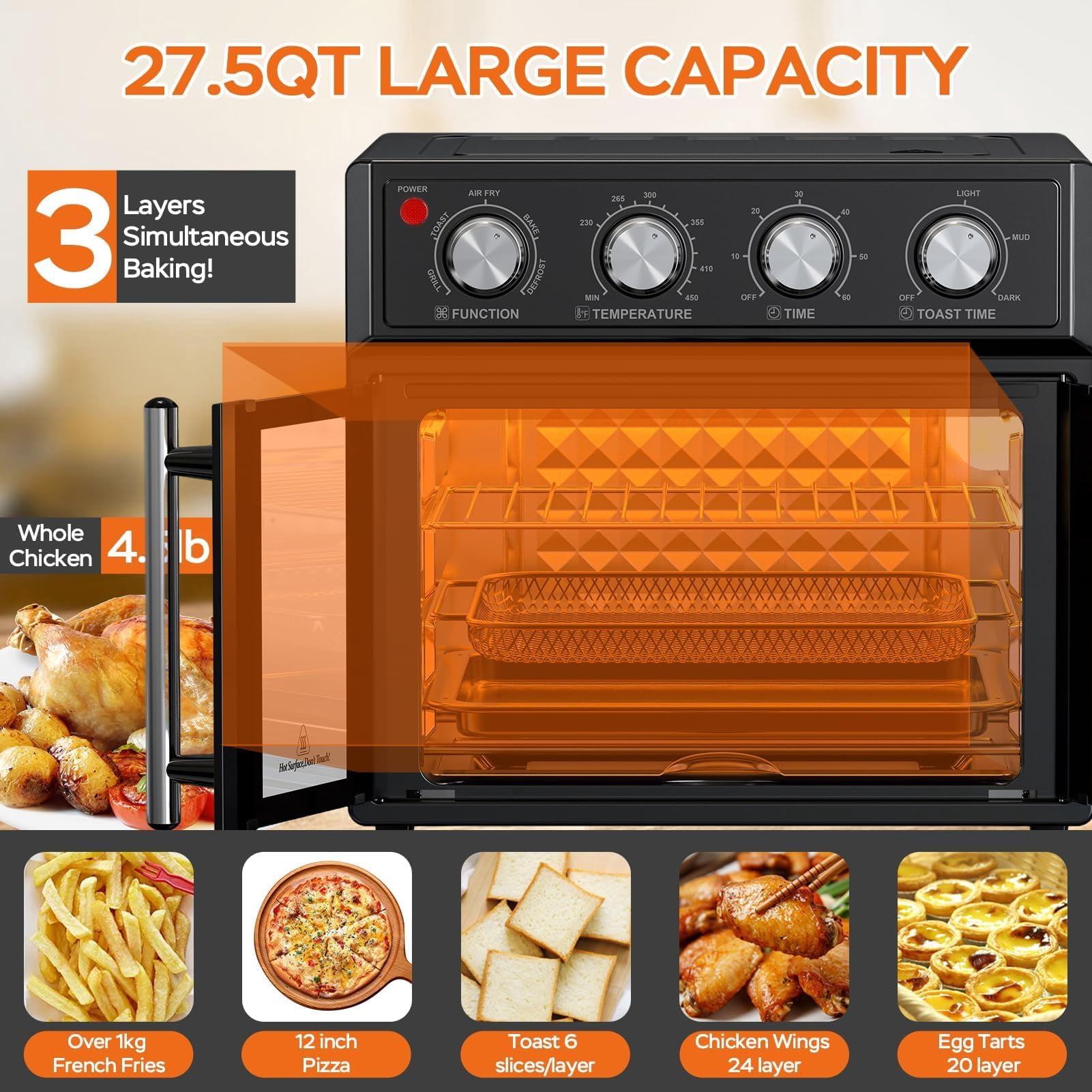 27.5 QT Large capacity French Double-Door Air Fryer Convection Toaster Oven, 1700W, 7 Preset Menus, 7-in-1 Multi-Function for Bake, Roast, Grill, Toast, Dehydrate& Defrost, Stainless Steel,Black