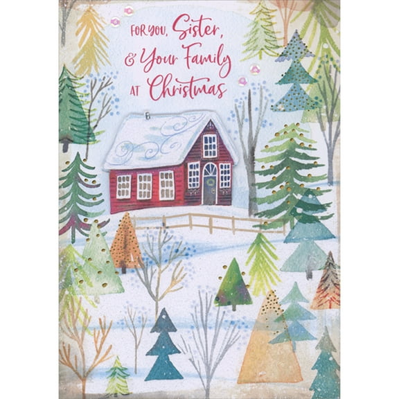 Designer Greetings Die Cut 3D Snow Covered Red Cabin and Forest of Watercolor Trees with Gold Accents Hand Decorated Christmas Card for Sister and Family