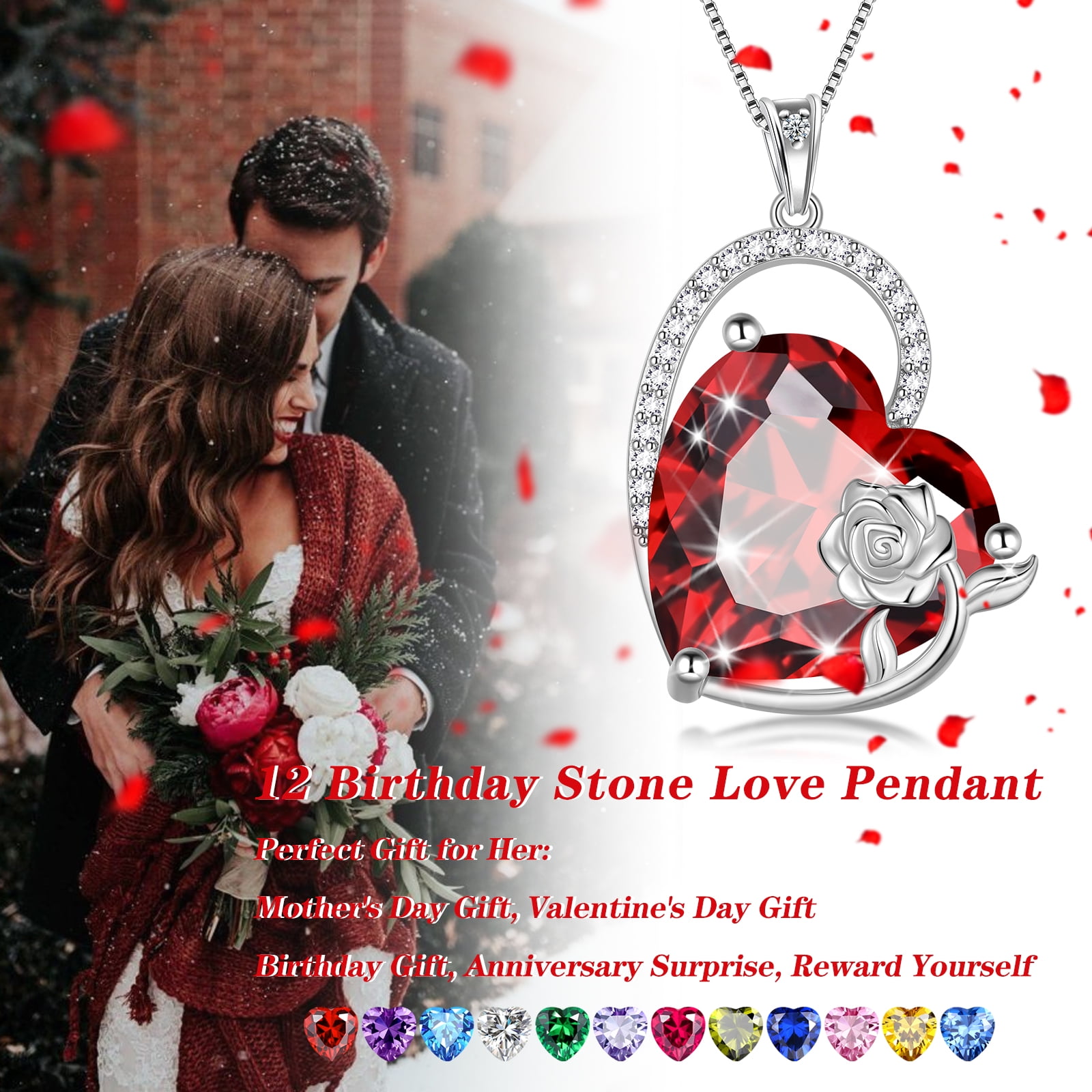 Juwaliy 925 Sterling Silver 15MM Heart Necklace Women March Birthstone Aquamarine Jewelry Blue Topaz Rose Flower Pendant Mother Birthday Valentines Gift for Her