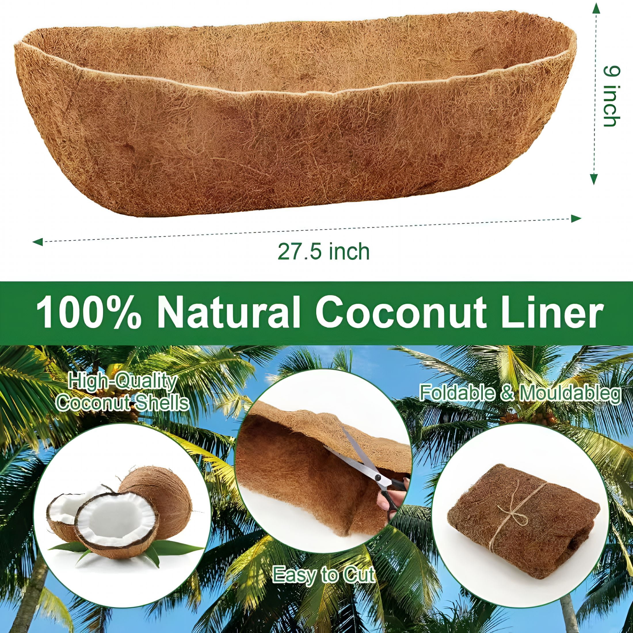 AUQ 2-Pack 24 Inch Coco Liners for Planters-Trough Coco Liner for Window Box,Fence Flower Baskets | Liners for Hanging Baskets,Planter Box Liner,24 Inch Coconut Liners for Planters