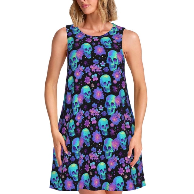 Balery purple flower blue Skull Vestidos de verano para mujer con estampado: vestido holgado sin mangas, vestido playero informal y cómodo para días calurosos.