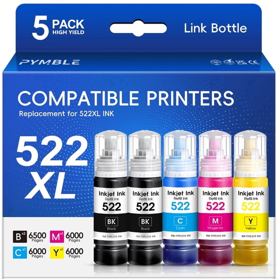 522 Ink Refill Bottles for Epson 522 Ink Bottles for Epson EcoTank Printers ET-2800 ET-4800 ET-4700 ET-2400 ET-2720 ET-2803 (5 Pack)