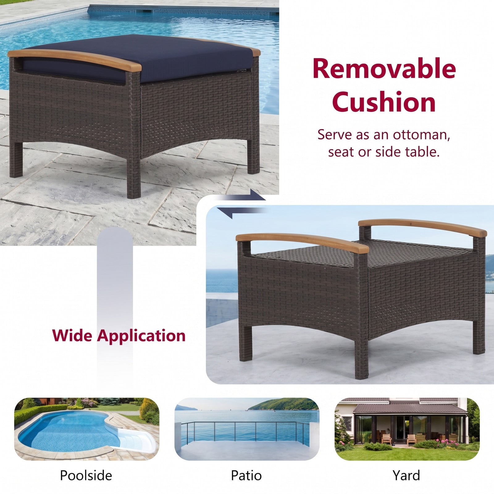 Furnibear Set of 2 Fade-Resistant PE Wicker Patio Ottomans with Cushions and Wood Handles for Outdoor Foot Rest and Extra Seating, Navy