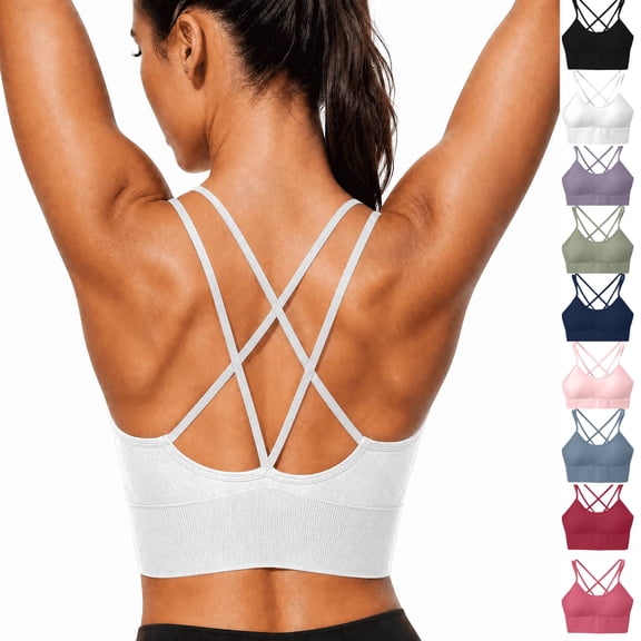 Cyglowse Sports Bra for Women V-Neck Strappy Criss Cross Yoga Bra Padded Medium Support Workout Gym Athletic Fitness Bras White 38