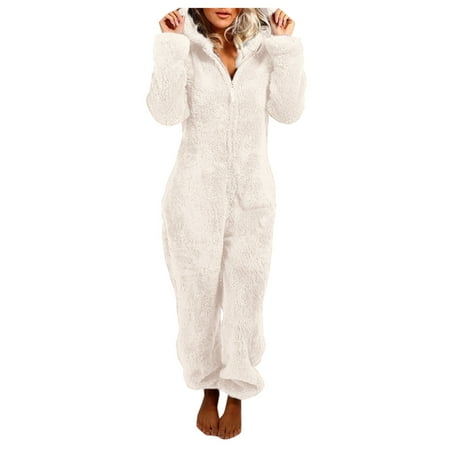 

Aompmsdx Women S Artificial Wool Long Sleeve Pajamas Casual Solid Color Zipper Loose Hooded Jumpsuit Pajamas Casual Winter Warm Rompe Cute Ears Sleepwearwoman Clothes