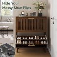 thumbnail image 5 of 2-Tier Slatted Shoe Storage Cabinet, Narrow Freestanding Shoe Organizer with Pull-Down Doors, Shoe Rack Cabine, 5 of 5