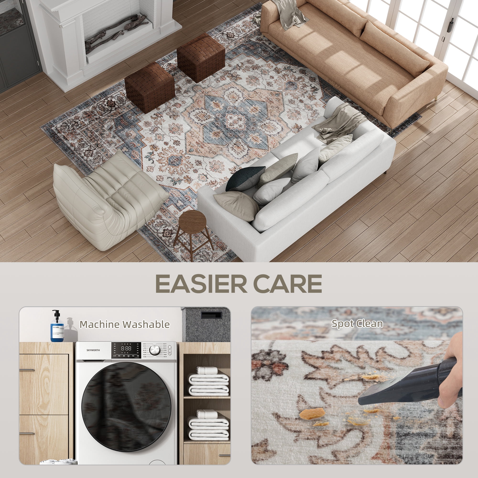 8' x 10' Area Rug, Vintage Pattern Rug with Anti-Slip TPR Backing, Soft Floor Carpet for High Traffic Living Room, Easy to Clean