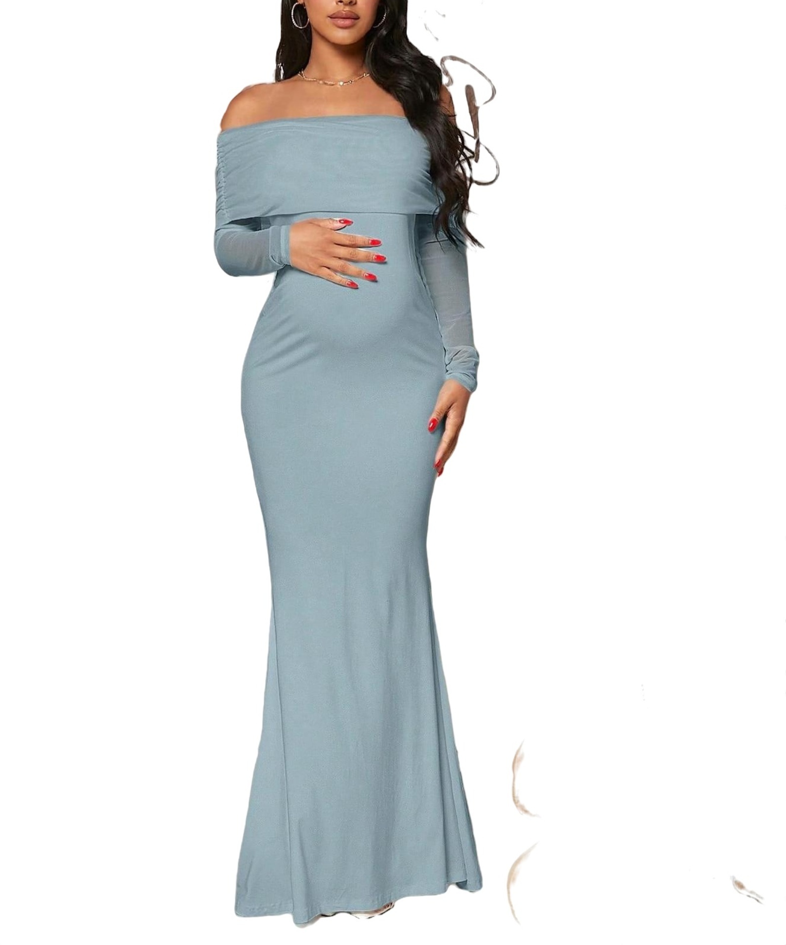 Elegant Solid Off the Shoulder Bodycon Long Sleeve Baby Blue Maternity ...