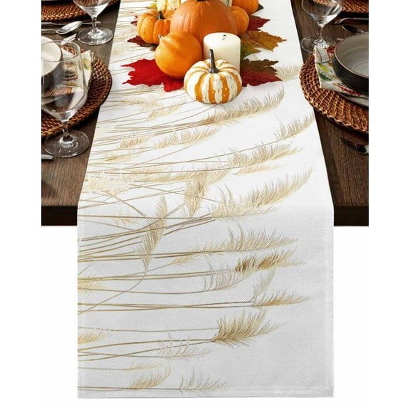 Fall Table Runner Thanksgiving White Reed Grass Table Runners Retro Autumn Plant Cotton Linen Dresser Scarf Kitchen Dining Table Decor for Fall Holiday Party Decor 13x90 Inch