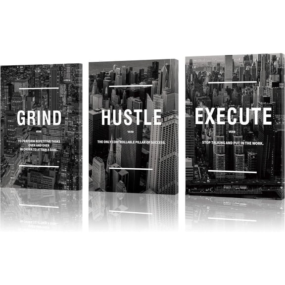 FCCUYE Set of 3 Motivational Wall Art Canvas Grind Hustle Execute Black and White Wall Decor Inspirational Words Quotes Posters for Home Office Workplace Proverbs Living Room Paintings(Framed,16x24)