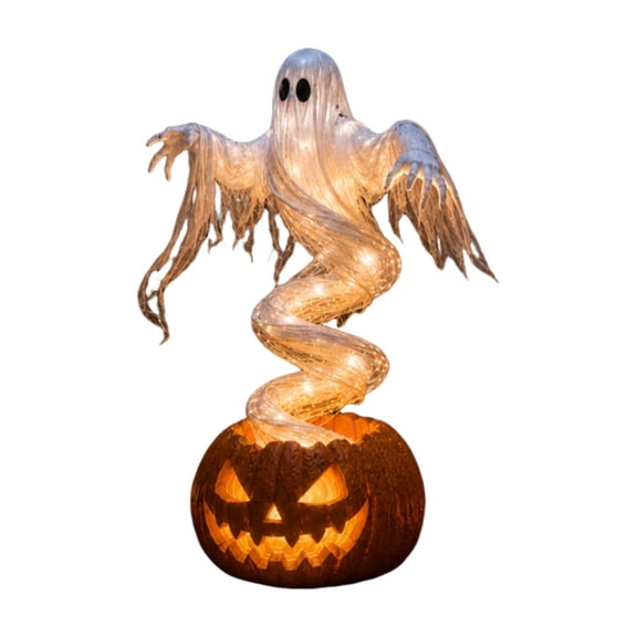 Swirling Ghost Pumpkin Yard Lamp, Spooky Halloween Outdoor Decoration, Lighted Garden Stake, Vintage Design, Unique Halloween Fusion, Cute Holiday Decor, for Porch Tree Party(7.87in)